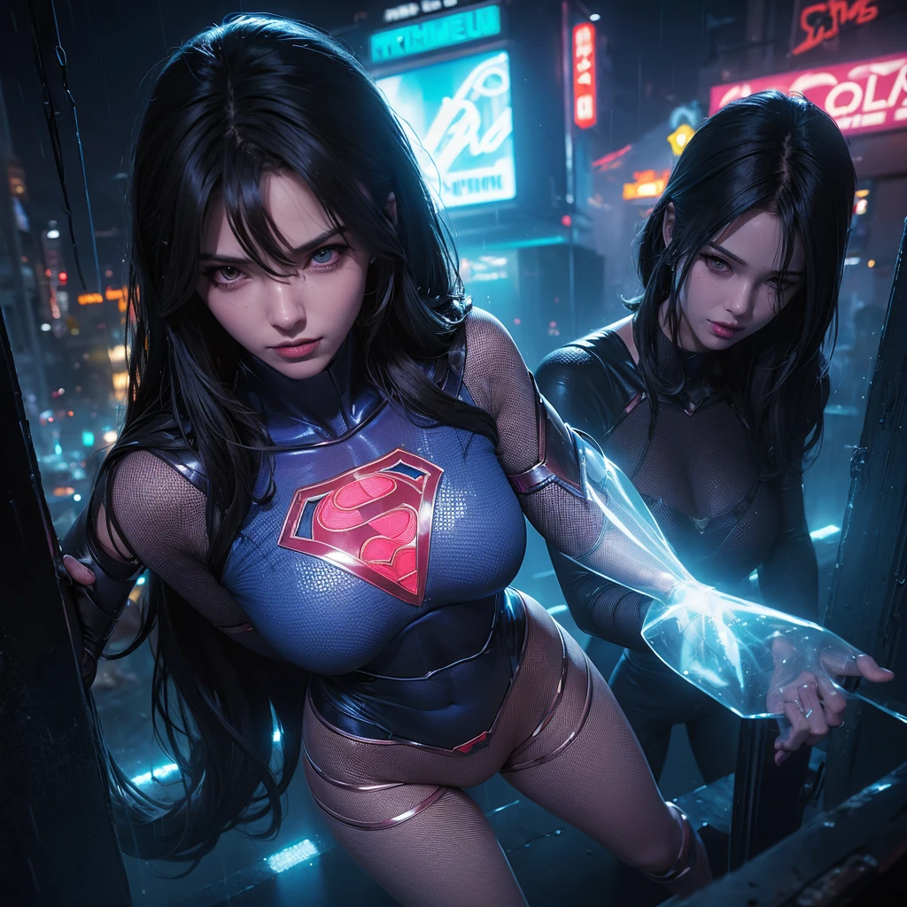 A masterpiece in the making: A single superhero figure, wears a (((transparent mesh))) Supergirl's costume is emblazoned with the iconic Superman logo., Stand and take full-screen photos against the backdrop of the nighttime planetscape.. She has short legs.,Close-up of a woman with long, shiny, wavy hair blowing in the wind., Woman made of blue flames, Her body is made of flames., Amazing Digital Art,Flames surround her, Digital art Alena Aemani, Complex overlay of flame images, Smoke effect, fire and smoke, Amazing Digital Art, digital art images, digital art brush,Mono tone, big breasts , under chest, Frame her highly detailed face with expressive features.. Ultra-high resolution images capture every line., Texture, and her slender body.
beneath you, A dark scene unfolded as rain fell., Create a cyberpunk atmosphere with neon-lit alleys and misty streets.. The light from the neon sign illuminated her figure., Add depth and contrast to dark scenes.