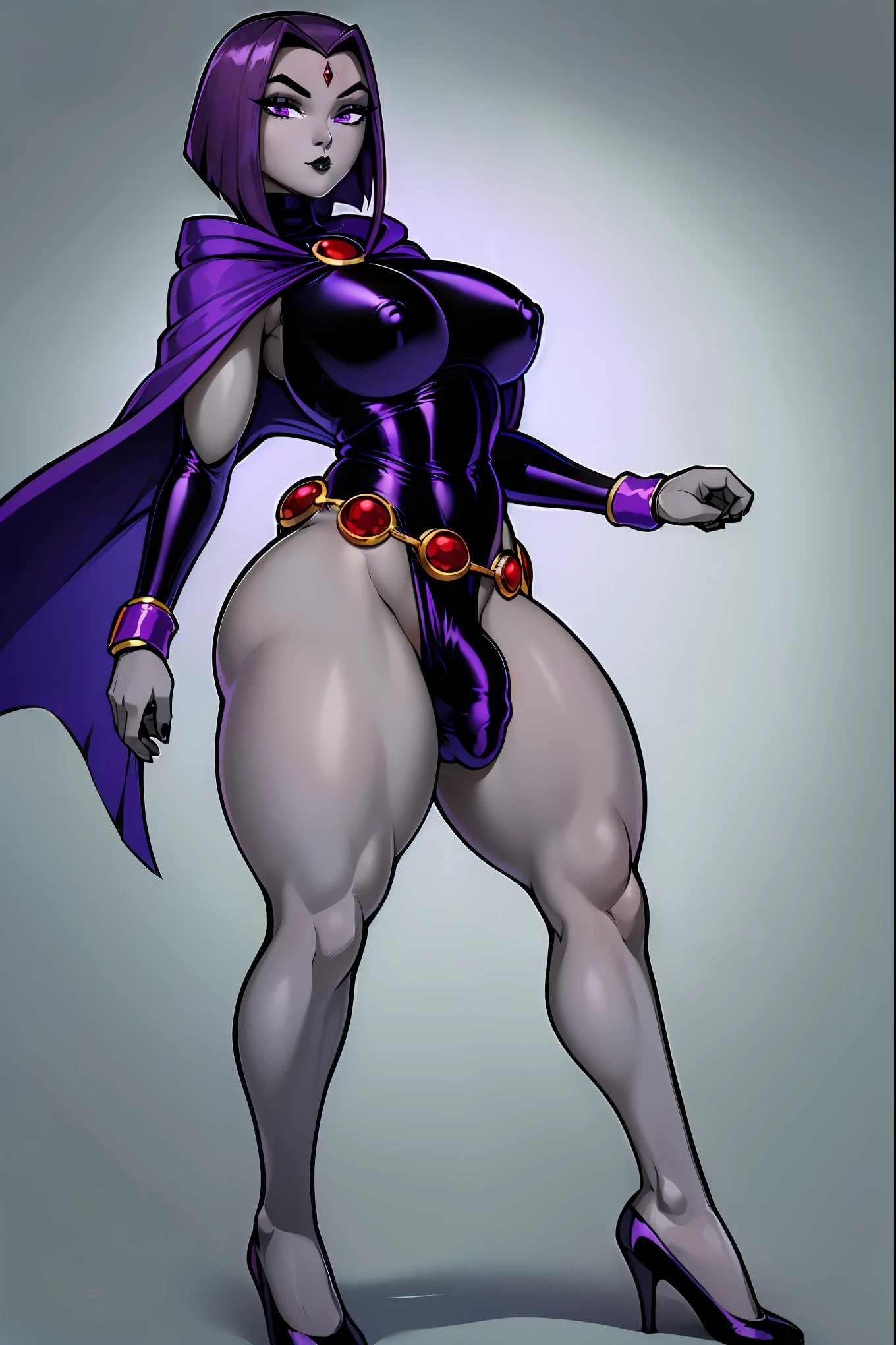 (solo:1.1),(masterpiece), (best quality:1.3), ultra detailed, intricate, professional art, digital art, absurdres, shadraven, (Full body view:1.1), 1girl, solo, (grey skin:1.4), dark purple hair, bob hair, dark purple eyes, hips wider than shoulders, pear shaped body, jewellery, detailed thighs, (thick thighs:1.3), red jewel in forehead, jewels, (long sleeved turtleneck leotard:1.4), (Red jewel Belt), (red jewel brooch), cuffs, small breasts, nipple bulge, (shadraven long dark purple cloak), (Shadraven brooch:1.2), Shadraven jewel belt, Shadraven wearing a long sleeved leotard, long legs, ( long crotch bulge:1.4), large penis, large testicles, side view, looking at viewer, bubble butt , gluteal crease, universal lighting,