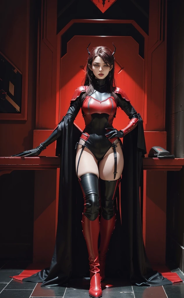 a woman in a red and black outfit posing for a picture, very devil outfit, full body devil woman, black and reddish color armor, loba andrade from apex legends, full - body artwork, black and red armor, cyberpunk cyborg wasp, love death + robots, red black and gold color scheme, red skintight leather armor, skintight red leather armor