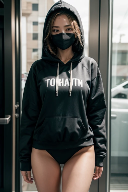 Woman in hoodie, mask and panties