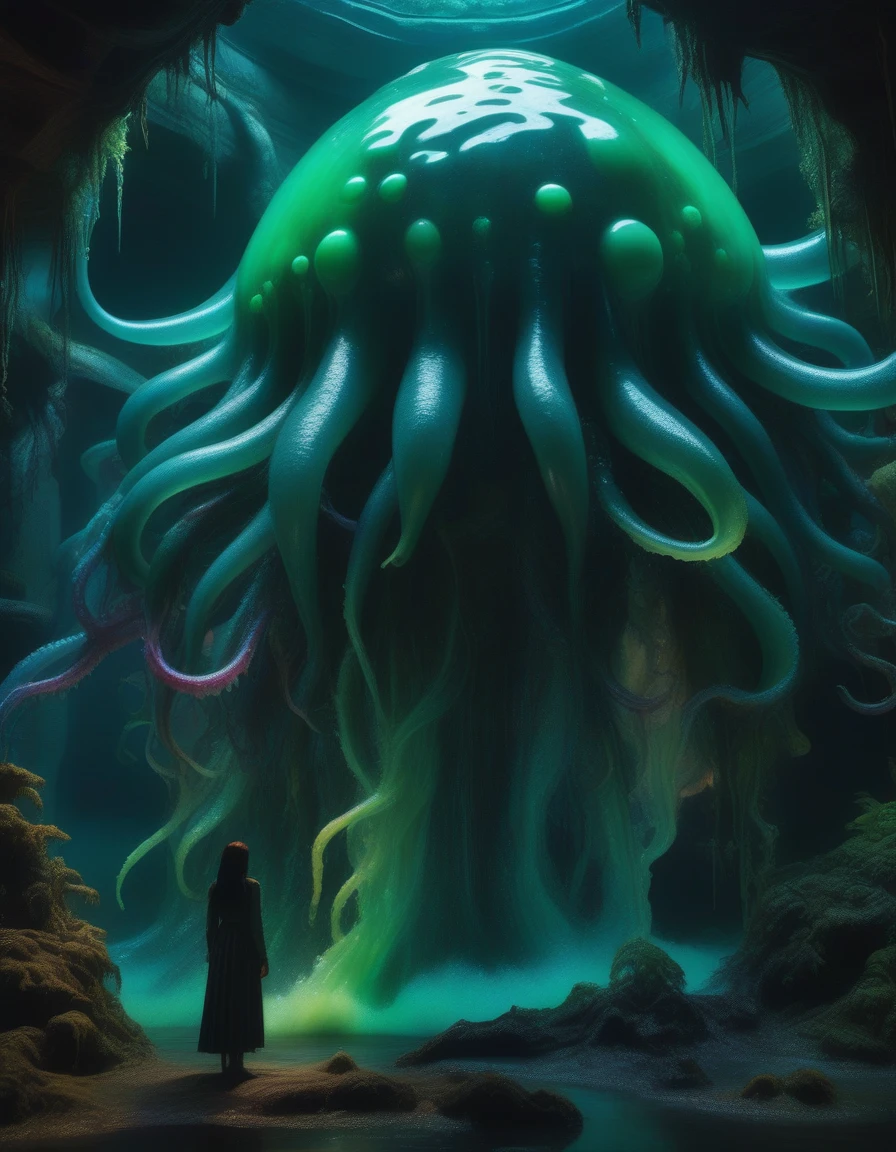 A giant transparent slime monster absorbs a human woman into its body.、Devouring her clotheelt it。Dark fantasy、Dungeons、Detailed anatomy、Slimy tentacles、Sticky texture、Surreal、Striking colors、Cinematic lighting、Dramatic atmosphere、Intricate details、Photorealistic、8k、Very detailed、masterpiece