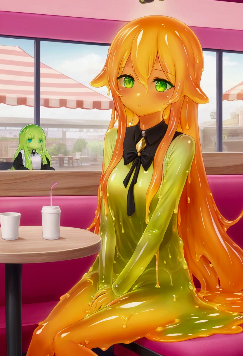 (masterpiece, best quality, vivid colors), A cute and tender slime girl sitting in a cafe, full lips, Long hair, orange hair, green eyes, pink lips, anime screencap, full body shot, slime girl, slimegirlsupremacy, slimegirlsfw