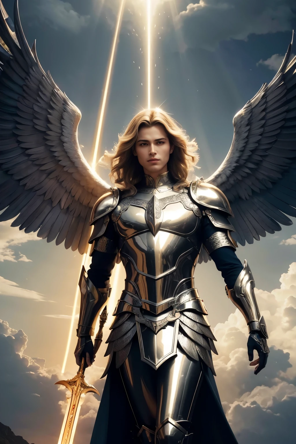 Archangel Michael in a majestic and heroic pose. He's dressed in shiny armor, with intricate details in gold and silver. Its wings are huge and imposing, with bright feathers that reflect light. In the right hand, he holds a flaming sword, and on the left, a shield adorned with angelic symbols. The background is a dramatic sky, with dark clouds and rays of light penetrating. At dinner it transmits power, courage and divinity, with a realistic and detailed style.