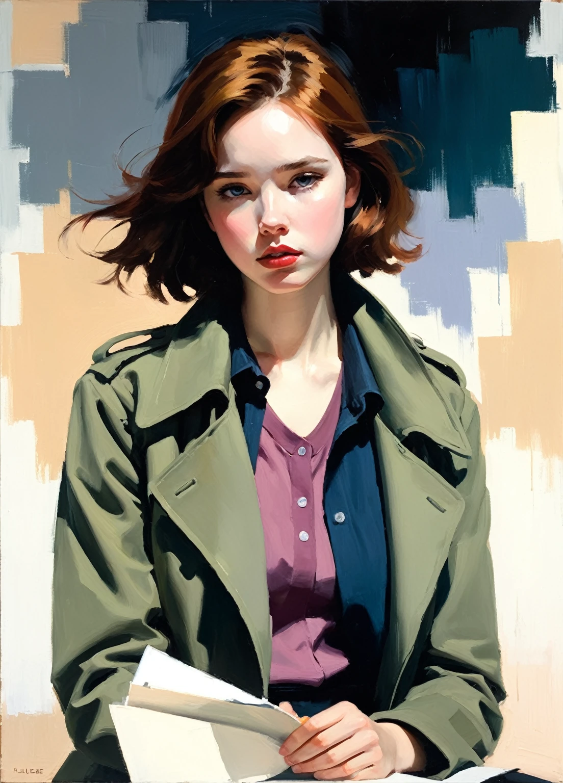 Create a Memorable Oil Painting, inspired by Malcolm Liepke., based on the image provided. Capture the most intense, introspective expression of a young subject using a thick, expressive brush strokes and muted color palette. Emphasize emotional depth and vulnerability in the subject's gaze, emphasizing the play of light and shadow on the face. Keep it simple, Textured background, complementary to the contemplative presence of the object. Focus on the tactile qualities of oil paint, to convey raw emotion and intimacy, characteristic of Liepke's style..