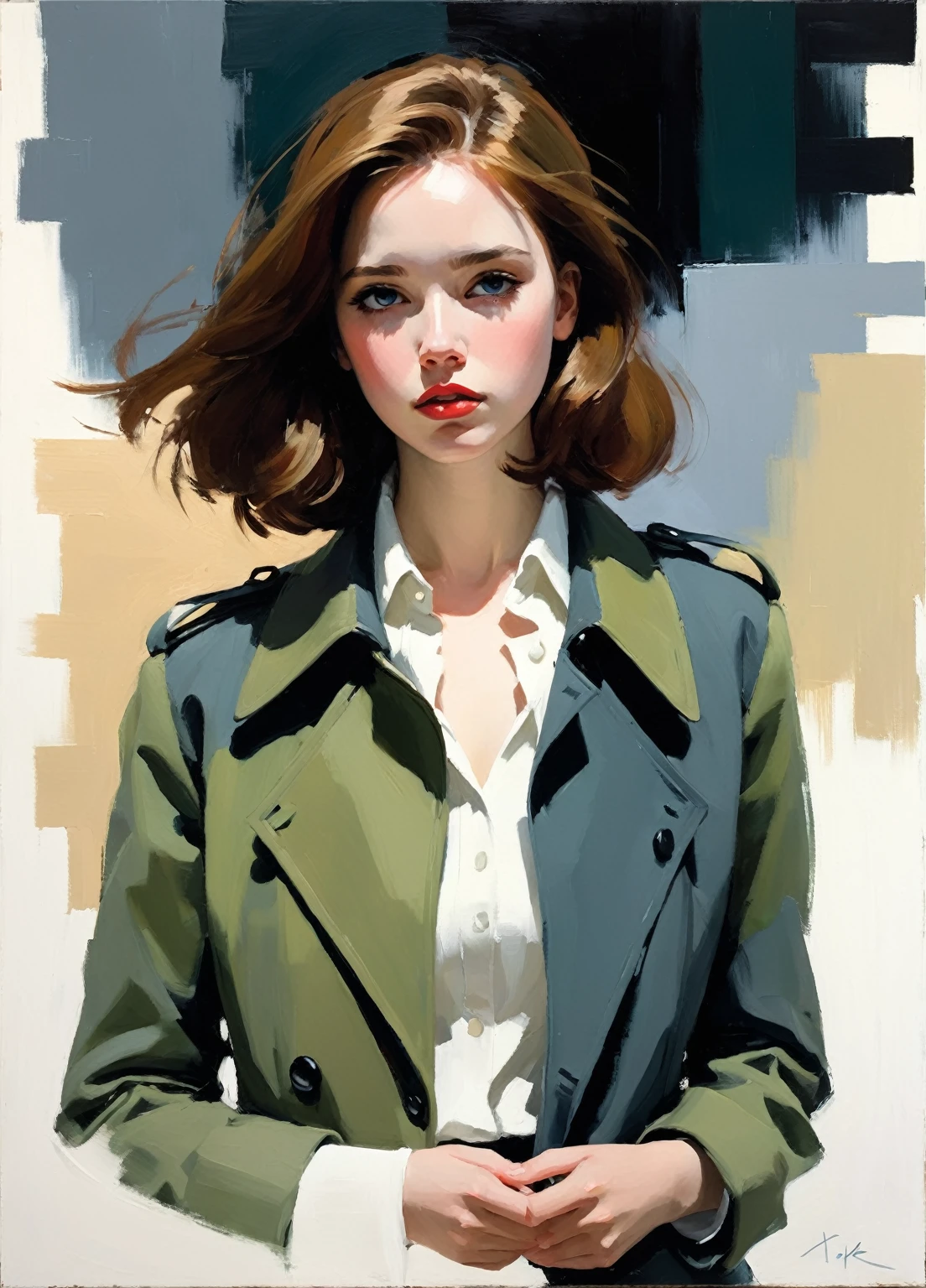 Create a Memorable Oil Painting, inspired by Malcolm Liepke., based on the image provided. Capture the most intense, introspective expression of a young subject using a thick, expressive brush strokes and muted color palette. Emphasize emotional depth and vulnerability in the subject's gaze, emphasizing the play of light and shadow on the face. Keep it simple, Textured background, complementary to the contemplative presence of the object. Focus on the tactile qualities of oil paint, to convey raw emotion and intimacy, characteristic of Liepke's style..