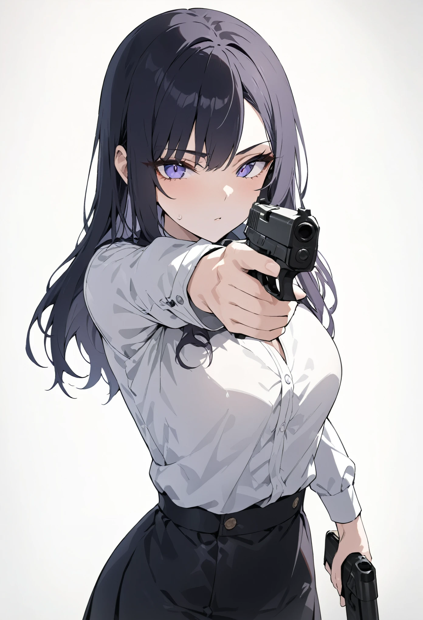 (((masterpiece, high resolution))), beautiful woman, Korean Beauty, 20 years old, beautiful assassin, beautiful woman, white background, looking at me, high resolution face, (high resolution eyes), Hitman with a pistol , skirt, Finger on the trigger of a pistol, Beautiful woman holding a pistol