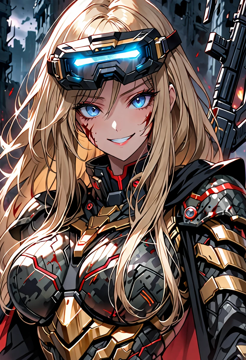 solo, female, huge woman, extremely tall woman, blue eyes, blonde, long hair, black uniform, ((dark camouflage armor)), black cape, gold trim, red trim, muscular, ruins, smile, baggy breeches, broad shoulders, night, looking at viewer, futuristic, head-mounted display, assault rifle, high-tech camouflage, close up, blood, crazy yandere expression, helmet