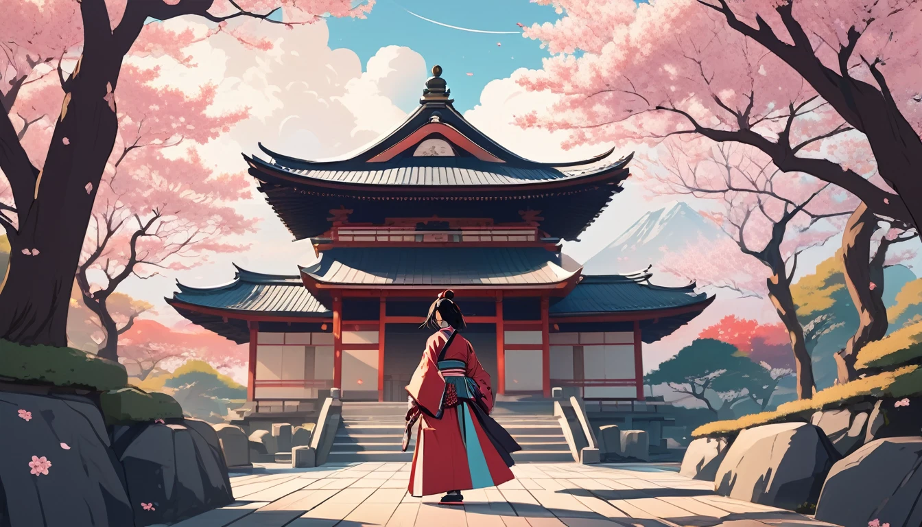 Female samurai, Japanese Temple、cherry blossoms、Wide-angle lens, Lofi Anime, Lofi illustration, Aesthetic atmosphere, Lo-Fi Style, Vector art, Flat Design, Simple shape, Warm tones, Pleasant atmosphere, Chill, In anime style, Digital drawing, Vector art, Vector logo for t-shirt printing, (Adorable:1.5), (small:1.4), (Playful:1.2), (soft:1.3), (Whimsical:1.1), masterpiece, Highest quality, 8k, Intricate details, grow, Celestial, Mysterious, Picturesque, amazing, Majestic, Magic, Fantasy art, Cover art, dream-like