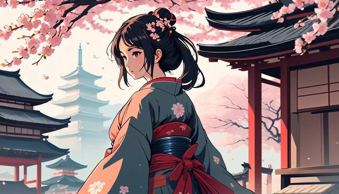 Female samurai, Japanese Temple、cherry blossoms、Wide-angle lens, Lofi Anime, Lofi illustration, Aesthetic atmosphere, Lo-Fi Style, Vector art, Flat Design, Simple shape, Warm tones, Pleasant atmosphere, Chill, In anime style, Digital drawing, Vector art, Vector logo for t-shirt printing, (Adorable:1.5), (small:1.4), (Playful:1.2), (soft:1.3), (Whimsical:1.1), masterpiece, Highest quality, 8k, Intricate details, grow, Celestial, Mysterious, Picturesque, amazing, Majestic, Magic, Fantasy art, Cover art, dream-like
