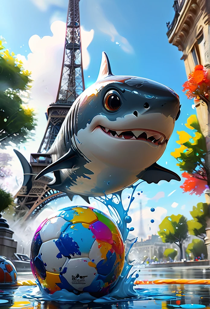 Splash Art, Cute Shark(Game Characters、Big eyes、Jumping around、Eiffel Tower in the background、black and white soccer ball、Olympic Games), wonderfulインスタグラム, Art Station, Colorful paint splash style+, Very detailed、Exquisitely crafted down to the last detail, Engine Unreal, wonderful, Details Complexity, Splash screen, Complementary Color, Realistic concept art, 8k resolution, deviantart masterpiece, Oil, Thick brushwork, Paint dripping, Splash Art,Paris,
