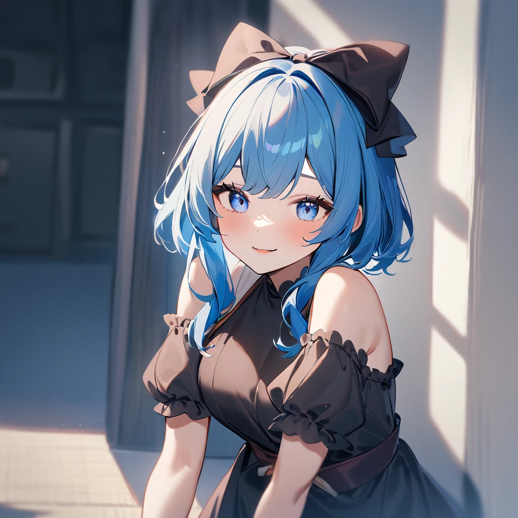 1girl,Solo,cute,Blue hair,Blue and red, swept bangs,straight-on,medium hair,big breast,masterpiece, best quality,very aesthetic,absurdres,(hair bow),(Low brightness),(frill dress)