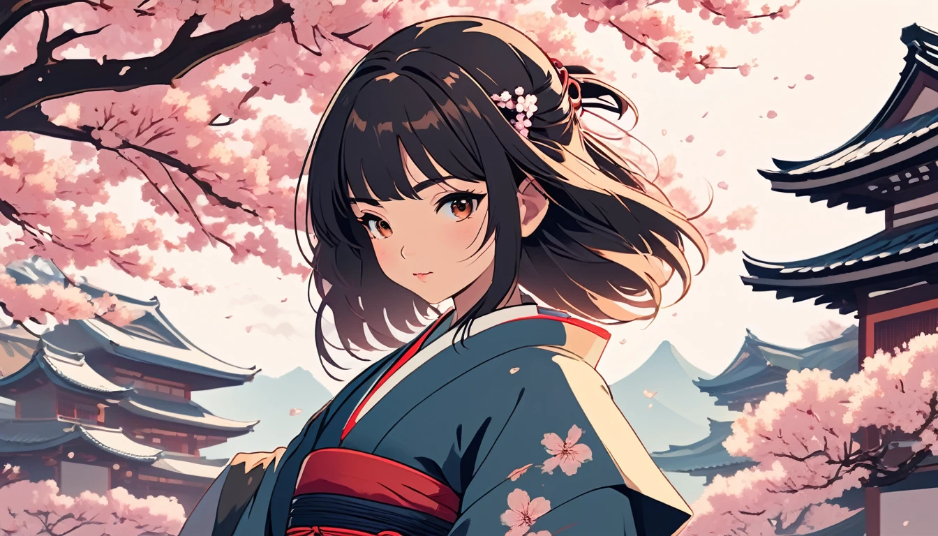 Female samurai, Japanese Temple、cherry blossoms、Wide-angle lens, Lofi Anime, Lofi illustration, Aesthetic atmosphere, Lo-Fi Style, Vector art, Flat Design, Simple shape, Warm tones, Pleasant atmosphere, Chill, In anime style, Digital drawing, Vector art, Vector logo for t-shirt printing, (Adorable:1.5), (small:1.4), (Playful:1.2), (soft:1.3), (Whimsical:1.1), masterpiece, Highest quality, 8k, Intricate details, grow, Celestial, Mysterious, Picturesque, amazing, Majestic, Magic, Fantasy art, Cover art, dream-like