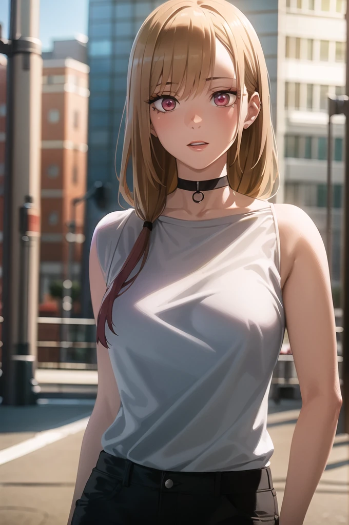 a beautiful detailed woman with long multicolored hair, red eyes, wearing a choker, standing outdoors, showing her bare chest, highly detailed, (best quality,4k,8k,highres,masterpiece:1.2),ultra-detailed,(realistic,photorealistic,photo-realistic:1.37),extremely detailed eyes and face,longeyelashes,vivid colors,HDR,UHD,professional,studio lighting,physically-based rendering
