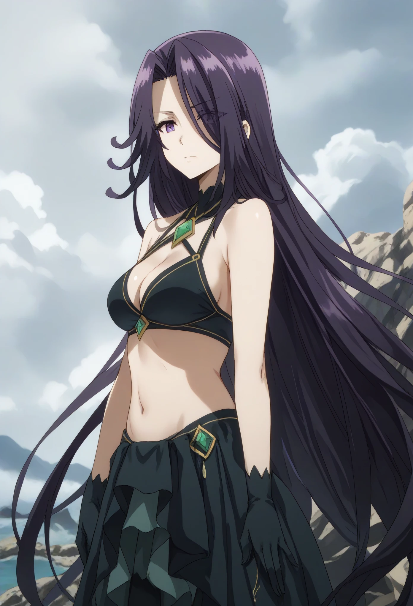 aurora, long hair, purple hair, very long hair, purple eyes, hair over one eye,gloves,bikini, cleavage, bare shoulders, black gloves