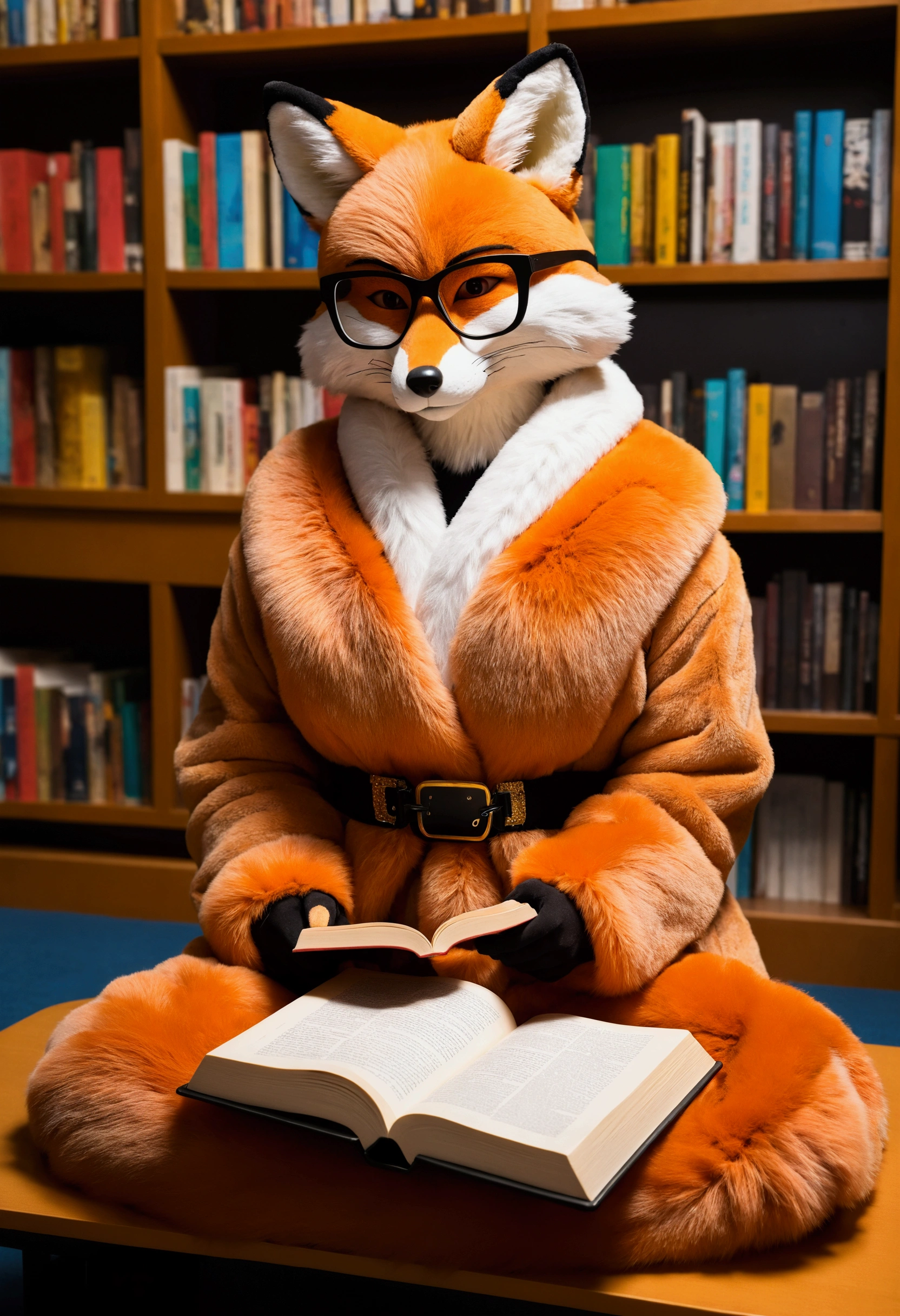 Muscular fox man in fur suit。She's wearing a very sexy tight thong and nerdy glasses.。Alone in the library、Reading hentai manga in complete silence。Hollywood live action in the style of a 3D movie。Looking at a book with complete concentration。