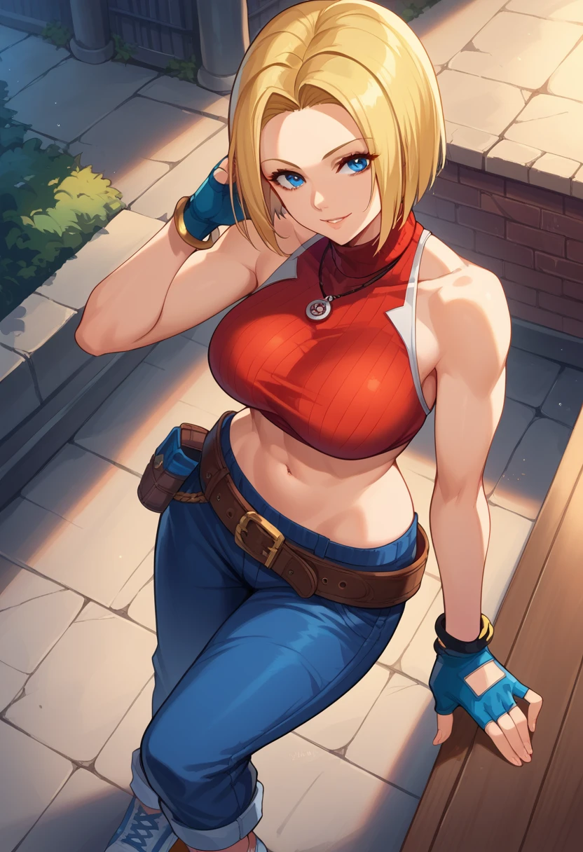 score_9, score_8_up, score_7_up, 1girl, solo, BlueMary, short hair, blue eyes,pants, crop top, turtleneck, belt, large breasts, fingerless gloves, necklace, standing, standing, lying on floor, on side, flirtatious smile, looking at you, night, street, illimunated city, from above