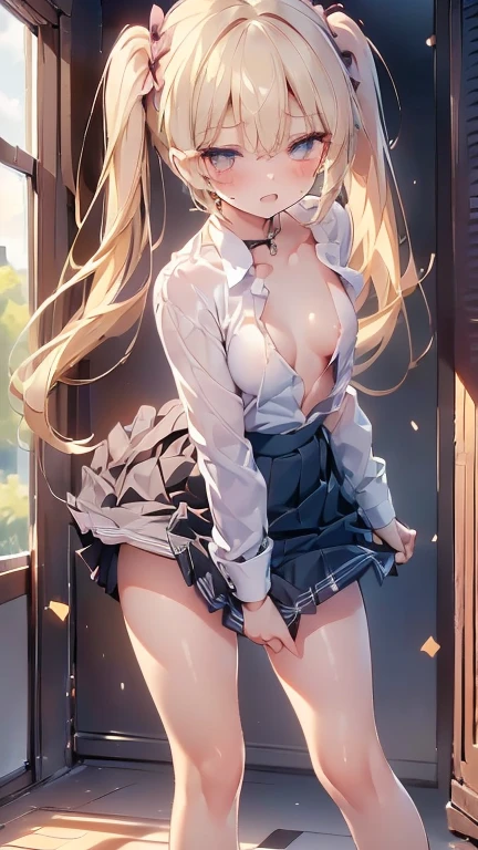 (Highest quality)), ((masterpiece)), (detailed), Natural light,Perfect Anatomy,One Woman,16 year old pretty woman,Very sexy,Baby Face,young woman,Small breasts,Woman standing on floor,(((Skirt lift 1.9)),
Beautiful woman,8-head body line,Small face,Beautiful Face,Big eyes,Beautiful Eyes,Beautiful double eyelids,Beautiful teeth alignment,Beautiful body lines,Slender body,Beautiful Hands,Beautiful feet,Long hands,Long legs,Long and supple hair,Twin tails,Shiny Hair,Beautiful black hair,Full Body Shot,Embarrassed expression,blush,Crying face,mouth half open,Beautiful shoulders,Beautiful clavicle、(Sweat),((Steam 1.4)),Embarrassed expression,blush,humiliation,((Open-collar shirt,Unbutton your shirt 1.8,White shirt 1.3)),Shoulder out,Beautiful shoulders,Beautiful clavicle,Not wearing a bra,Nipples that seem to be visible,(((Valley 1.7))),mini skirt,White panties,