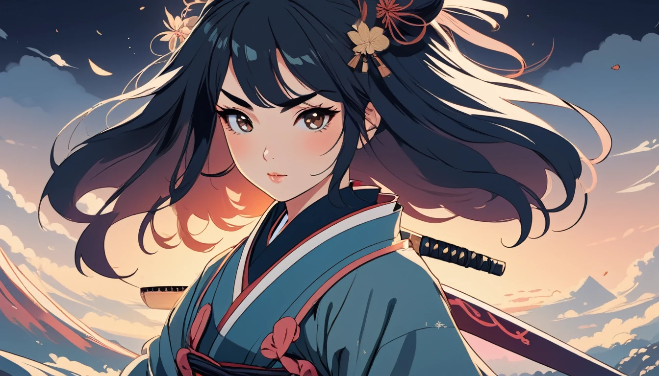 Female samurai, Wide-angle lens, Lofi Anime, Lofi illustration, Aesthetic atmosphere, Lo-Fi Style, Vector art, Flat Design, Simple shape, Warm tones, Pleasant atmosphere, Chill, In anime style, Digital drawing, Vector art, Vector logo for t-shirt printing, (Adorable:1.5), (small:1.4), (Playful:1.2), (soft:1.3), (Whimsical:1.1), masterpiece, Highest quality, 8k, Intricate details, grow, Celestial, Mysterious, Picturesque, amazing, Majestic, Magic, Fantasy art, Cover art, dream-like