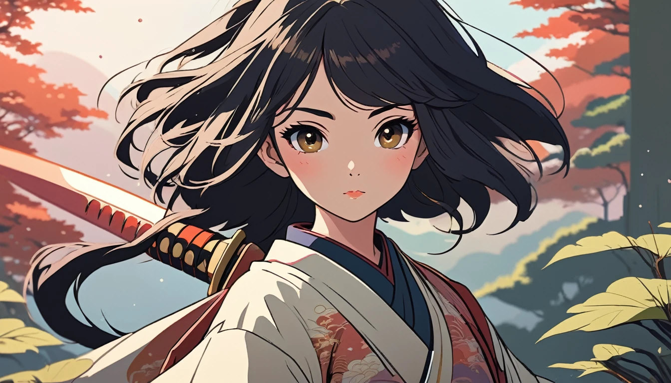 Female samurai, Wide-angle lens, Lofi Anime, Lofi illustration, Aesthetic atmosphere, Lo-Fi Style, Vector art, Flat Design, Simple shape, Warm tones, Pleasant atmosphere, Chill, In anime style, Digital drawing, Vector art, Vector logo for t-shirt printing, (Adorable:1.5), (small:1.4), (Playful:1.2), (soft:1.3), (Whimsical:1.1), masterpiece, Highest quality, 8k, Intricate details, grow, Celestial, Mysterious, Picturesque, amazing, Majestic, Magic, Fantasy art, Cover art, dream-like