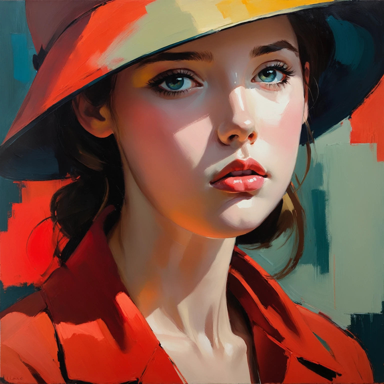 Create a Memorable Oil Painting, inspired by Malcolm Liepke., based on the image provided. Capture the most intense, introspective expression of a young subject using a thick, expressive brush strokes and muted color palette. Emphasize emotional depth and vulnerability in the subject's gaze, emphasizing the play of light and shadow on the face. Keep it simple, Textured background, complementary to the contemplative presence of the object. Focus on the tactile qualities of oil paint, to convey raw emotion and intimacy, characteristic of Liepke's style..