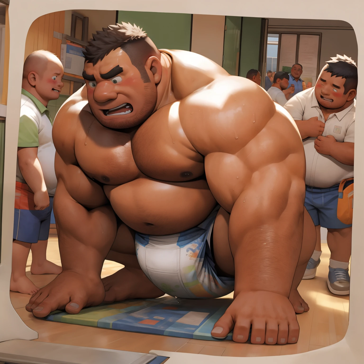 masterpiece, Top quality, in 32K, perfect anatomy, hyper detailed, super fine illustration, The thick man is a brutal retarded prisoner, hairy human, 50yo in Japan, (fatness: 1.0), Fatty muscle, Bowleg, disappointment, incontinent, shy, sissy, Weaker than children, Drool, Round face, be diaper check by children, waddle, There is a small puddle under him, incontinent, short legs, Bowleg, spread legs, wear a White cloth Diaper, Bare belly, Bare legs, Bare foots, Bare soles, Shirtless, wide forehead and short thinning hair, Man with round face with stubble, Bare foots, Bare soles, He enters nursery school and is despised by children, Entrance ceremony commemorative photo, He surrounded by children, His bottom is wet, Bare foots, big butt, he is scolded by the children, White Diaper, He surrounded by children, sobbing, wear a White cloth Diaper, shirtless, There is a small puddle under him, He enters nursery school and is despised by children, big butt, sobbing, He crawling to go to children, on all fours, side view