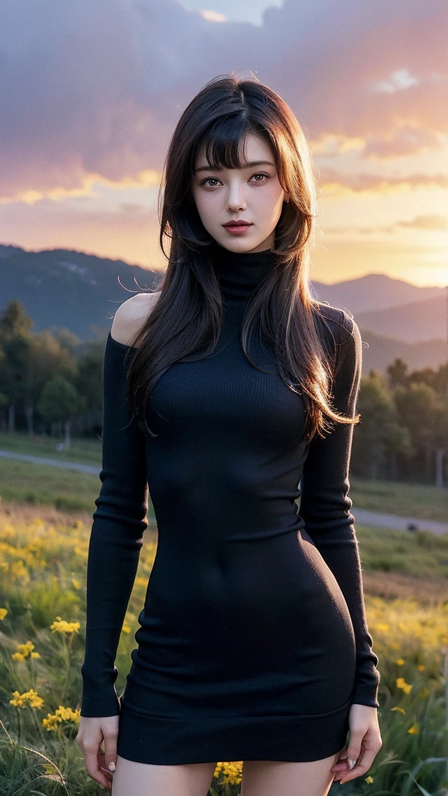 ((masterpiece)), ((Best Quality)), (high quality), ultra high resolution, (High detail), ((intricate detaild)), A woman, solo girl, better lighting, side lighting, natural lighting, High dynamic range, beautiful and aesthetic,  (perfect body), ((narrow waist, Wide hips)), sexy smile, looking at the viewer, detailed face, shiny skin, oiled skin, adult girl, A woman, maduro, huge chest, (big chest), good ass, attractive body, the best anatomy, ((rubio, rubio long straight hair with bangs)), (blue eyes), (((Turtleneck Mini Sweater Dress, long sleeve black sweater dress))), standing, seductive, little smile, sexy smile, realist lighting, exterior, afternoon, ((meadow full of flowers)), ((Beautiful landscape, views of the sky and mountains, red sky in the afternoon, realist background)), face detail, the best background, ((background detail)), ((background realist)), 8k, 16k, the best resolution, Ultra-high detail, the best picture, the best picture, face detail,  detail hands, (detail of arms), ((Detailed anatomy)), the best anatomy, perfect anatomy, (finger detail), finger details, nail detail, body detail, foot detailrnas,  the best proportioned face, the best arms, (((from the front))), the hands with the best proportion, The best fingers, the best nails, foot detail, perfect nails, nail detail,  the best navel, The best model, ((increase quality)), detail all proportion, intricate detail,  best proportion pose, the best arms de proporción, The best fingers de proporción, the best nail proportions, fingers realist, nail realist, arms realist, legs realist, Detailed anatomy, look at the viewer, (realist:1.3), photorealist, Photography, intricate ultra detailed, perfect all proportion, pose sexy, absurd resolution, HdR, arrange , cinematographic film, exclusive, RECRUITMENTS-Set, elegant, vivid color, the best picture, realist visual