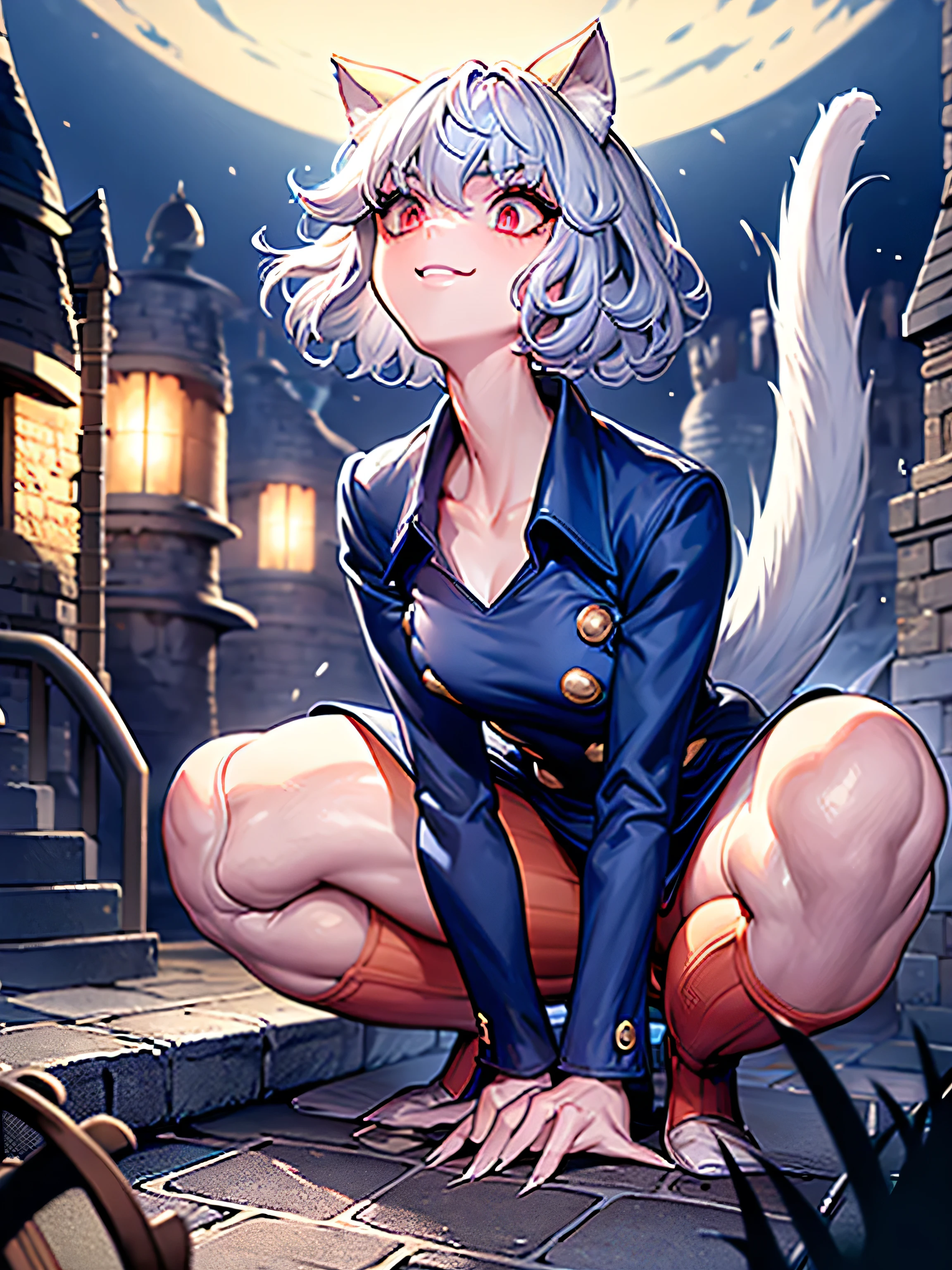 silver hair, short and curly hair, cat ears, red eyes, large pupils, intense eyes, double eyelids, slender eyebrows, long eyelashes, small nose, small mouth,((:3)), sharp jawline, blue military-style coat, six gold buttons, short orange striped shorts, high collar, long sleeves, slender wrists, flexible fingers, white skin, cat-like claws, orange striped knee-high socks, blue shoes, slender ankles, small feet, long legs, muscular thighs, thin waist, cat-like gaze, firm upper arms, soft hands, small palms, cat-like smile, serious furrowed brows, pink inside of ears, thin eyelids, upward curled eyelashes, vertical slit pupils, many lower eyelashes, thin lips, protruding collarbones, high hips, knee joints, muscular thighs, jointed knees, well-fitted socks, neatly tied shoelaces, soft cat ears, soft fluffy hair, thin eyebrows, light pink lips, white teeth, well-shaped lips, smooth skin, slightly curved cat ears, well-fitted coat, shining buttons, slightly old shoes, hair waving in wind, sparkling pupils, moving cat ears, nighttime, medieval city background, moonlight, starry night sky, on all fours, crawling, ((on a tall cobblestone wall)), approaching