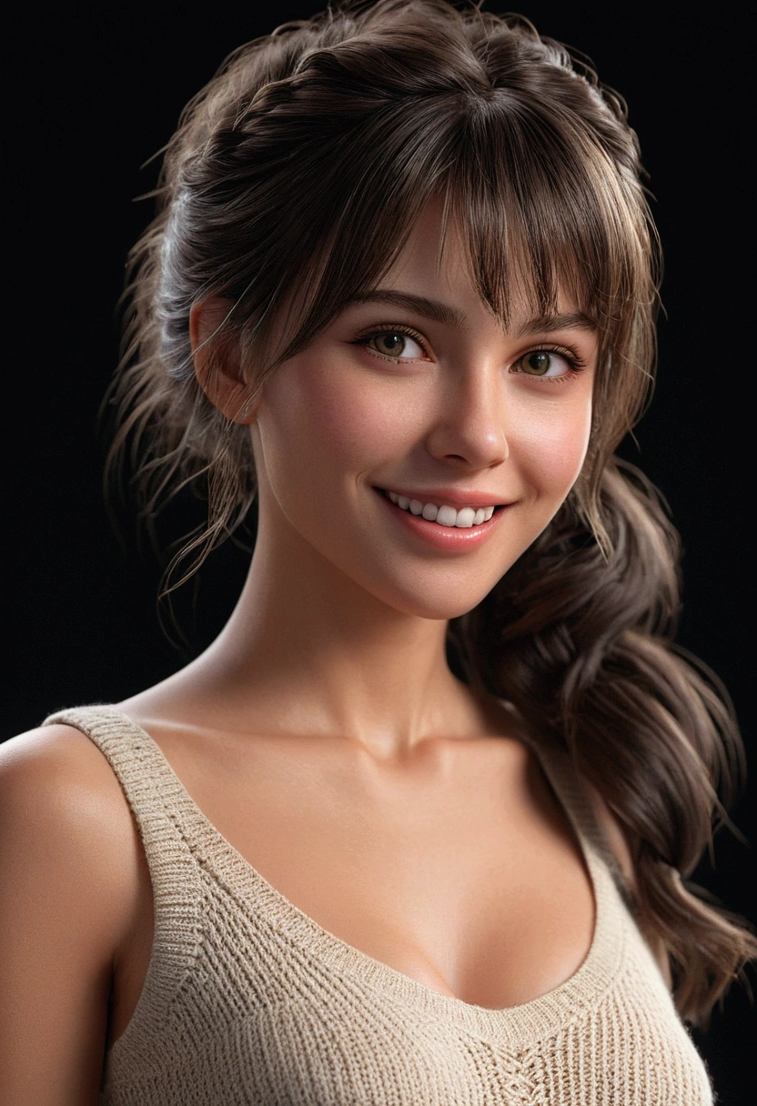 ((best quality)), ((masterpiece)), (detailed), The scene is set with cinematic lighting featuring a beautiful girl with detailed eyes, Arafed European-American woman posing for a photo, with highly detailed and beautifully detailed eyes, and an ultra-detailed face, white teeth, She has a natural smile looking straight at the viewer. wearing a knit dress, with messy ponytail hair, asymmetrical bangs, and black hair, aged 25, and tall, perfect body, attractive body, fit girl, hot sexy body, and an ultra-detailed face, realistic ears, no body-hair, 42G breast size. captured in a hyper-realistic, night resolution of 8K, and professional lighting.