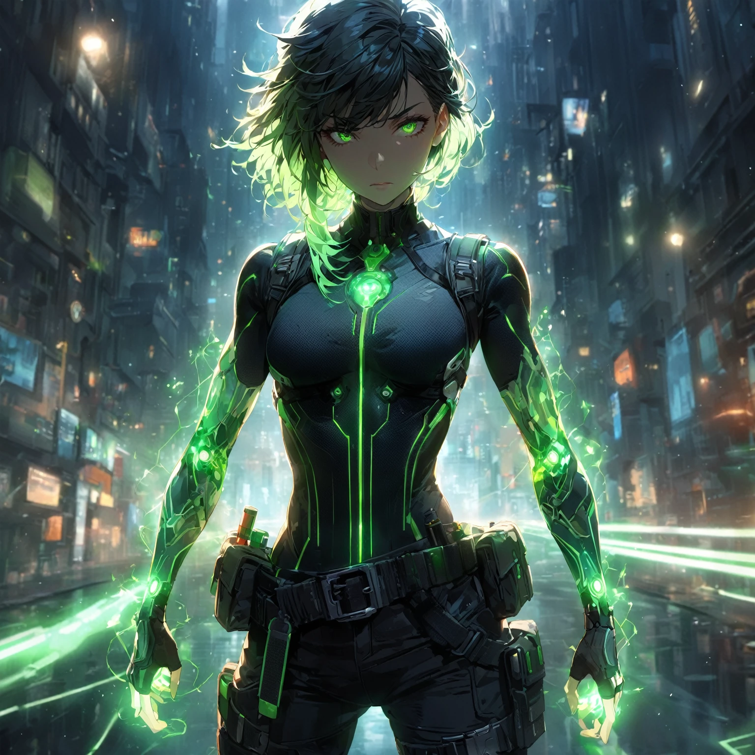 a girl with Slim, athletic build,Short, edgy hair with streaks of neon green,Intense, glowing green eyes,Fitted, (nude:0.9), NSFW, dark top with glowing green circuitry,standing in front of a city,Sleeveless or short-sleeved, showcasing glowing energy patterns on her arms,High-tech harness with energy nodes,Fingerless gloves with energy conduits,Dark, fitted pants with utility pockets,Belt with energy capsules and gadgets,Confident, determined expression,Energetic aura surrounding her hands and body, detailed gorgeous face| anime style| key visual| intricate detail| highly detailed| breathtaking| vibrant| panoramic| cinematic| Carne Griffiths| Conrad Roset| gibbli 8k