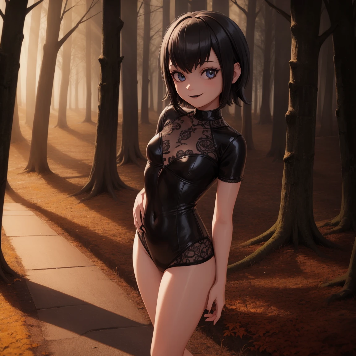 Mavis, 1 girl, full body, standing in woods, cute body, nice legs, black lipstick, gothic, dark autumn woods, masterpiece, detailed background, highly detailed, intricate, detailed face, long eyelashes, detailed eyes, cute, sexy, punky, gothy, upper body, small breasts, upper body, smile, beautiful, cute, revealing dark open lingerie outfit, vampire sexy, vampire fans, on ground, sultry, sitting onon knees, looking at viewer