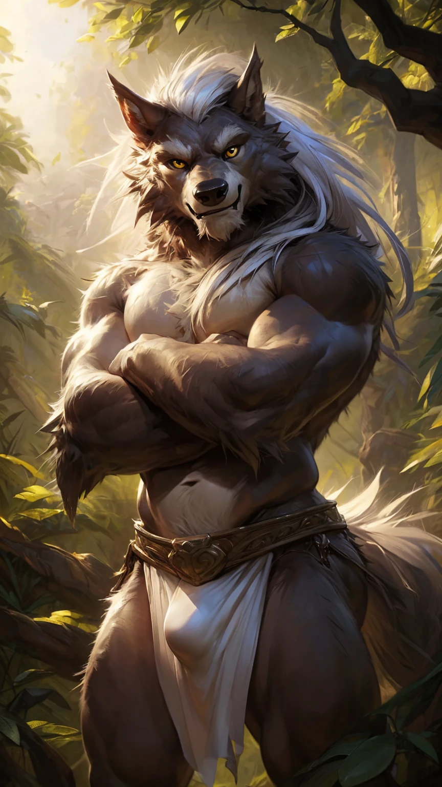 ultra-detailed, masterpiece, masterwork, high quality, best quality, hdr, posted on e621, (by darkgem), (nature), nsfw, male, solo, chibi, (little body werewolf), werewolf, (long silver hair, yellow eyes, white body, cross your arms), standing, dynamic angle, (bulge white loincloth)