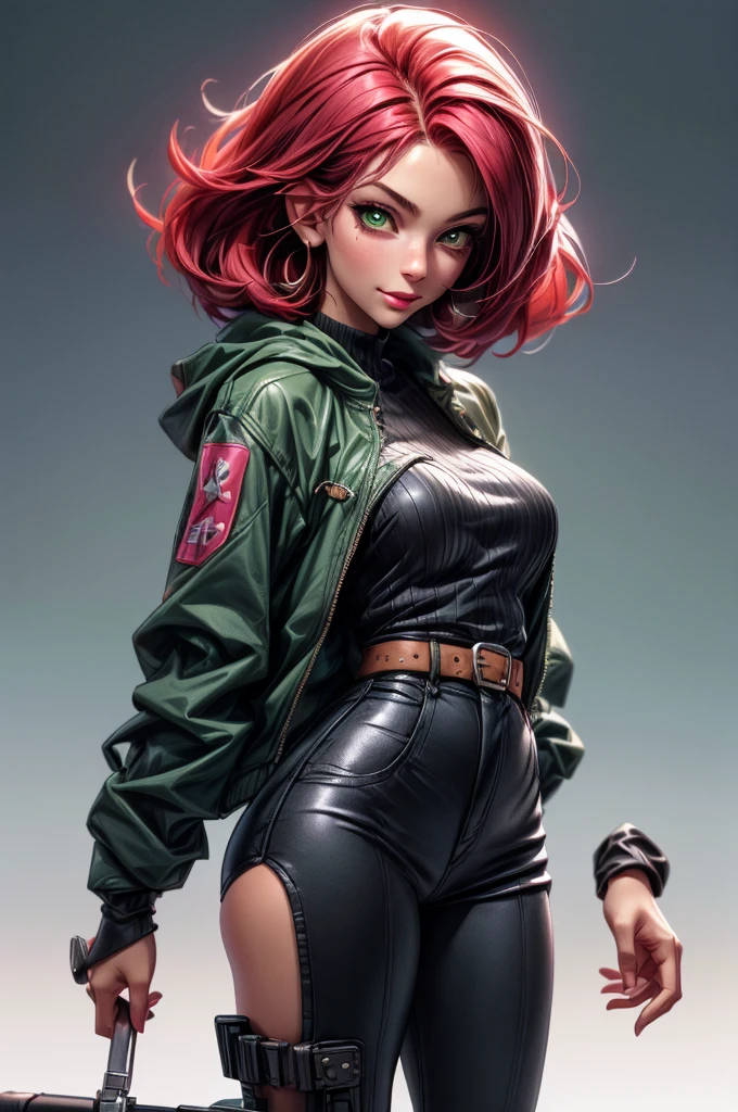 ((long shot:1.6)), unreal engine:1.4, Ultra realist CG K, photorealistic:1.4, skin texture:1.4, ((artwork ung woman full body:1.5)), ((red hair green eyes, full lips and a sensual smile:1.5)), punk style hairstyle with shaved side, tattoos, Pistol gatling, box, looking at the viewer, dynamic pose, hits, ammunition belt, gloves, large breasts not disproportionate, shooting , extremely detailed:1.4, more detailed, optical mix, playful patterns, animated texture, unique visual effect, rosa leather mini skirt, pink jacket, masterpiece, ((colors, cian, green, rosa, Brown: 1.2)), ( (Realistic 8k digital art..)), 32K