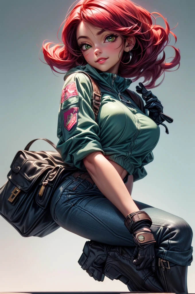 ((long shot:1.6)), unreal engine:1.4, Ultra realist CG K, photorealistic:1.4, skin texture:1.4, ((artwork 1 young woman full body:1.5)), ((red hair green eyes, full lips and a sensual smile:1.5)), punk style hairstyle with shaved side, tattoos, Pistol gatling, box, looking at the viewer, dynamic pose, hits, ammunition belt, gloves, large breasts not disproportionate, shooting , extremely detailed:1.4, more detailed, optical mix, playful patterns, animated texture, unique visual effect, rosa leather mini skirt, pink jacket, masterpiece, ((colors, cian, green, rosa, Brown: 1.2)), ( (Realistic 8k digital art..)), 32K