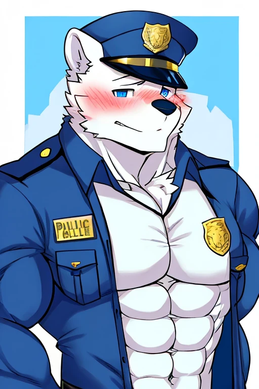 polar bone, police, muscular, blue eyes, blushing