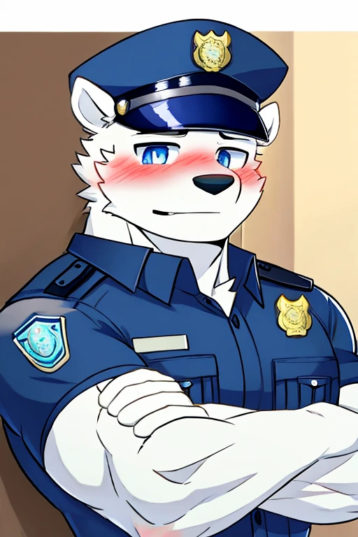 polar bone, police, muscular, blue eyes, blushing