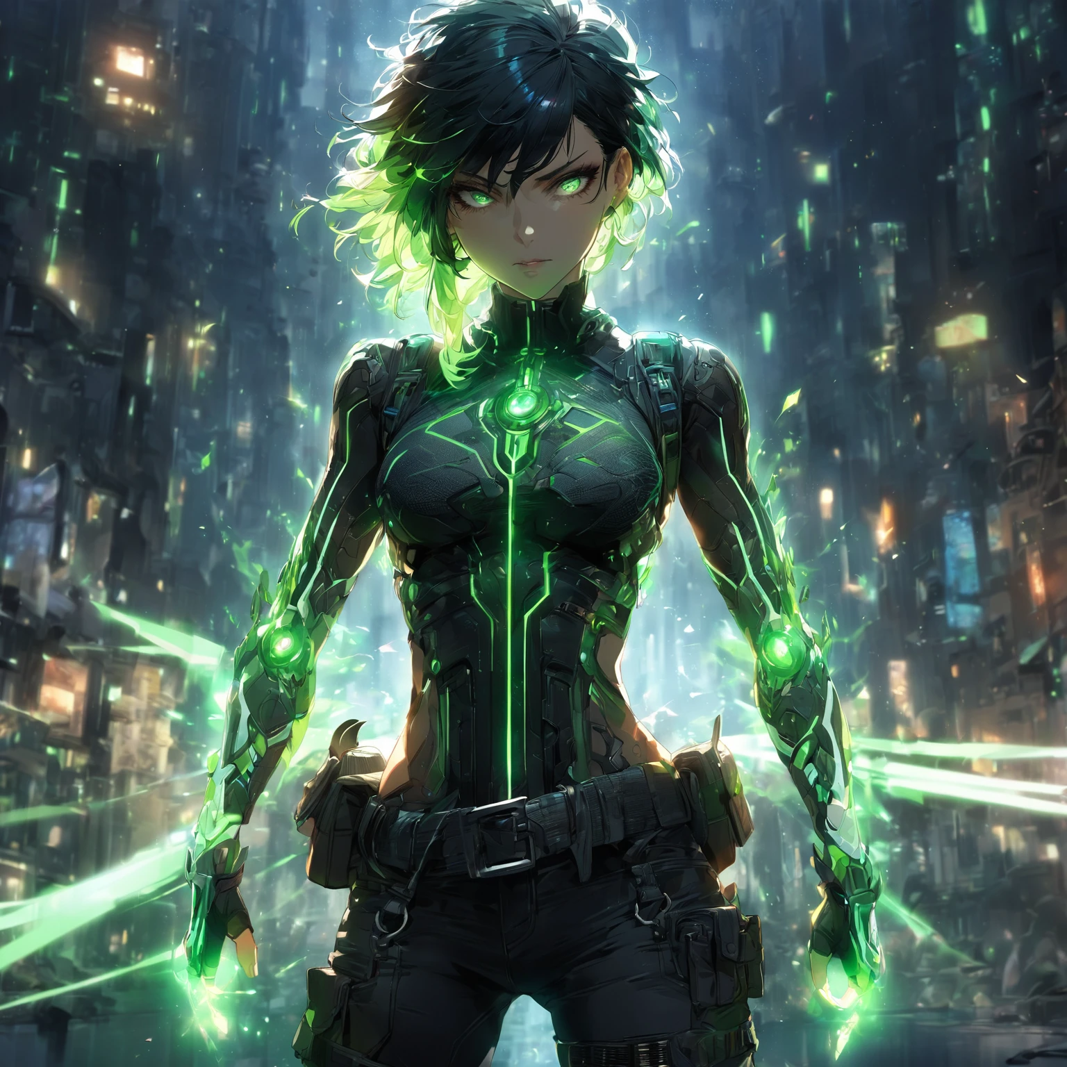 a girl with Slim, athletic build,Short, edgy hair with streaks of neon green,Intense, glowing green eyes,Fitted, (nude:0.9), NSFW, dark top with glowing green circuitry,standing in front of a city,Sleeveless or short-sleeved, showcasing glowing energy patterns on her arms,High-tech harness with energy nodes,Fingerless gloves with energy conduits,Dark, fitted pants with utility pockets,Belt with energy capsules and gadgets,Confident, determined expression,Energetic aura surrounding her hands and body, detailed gorgeous face| anime style| key visual| intricate detail| highly detailed| breathtaking| vibrant| panoramic| cinematic| Carne Griffiths| Conrad Roset| gibbli 8k