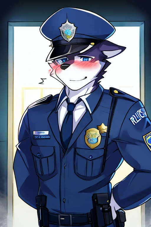 Siberian Husky dog, police, blue eyes , en una estación de police, blushing