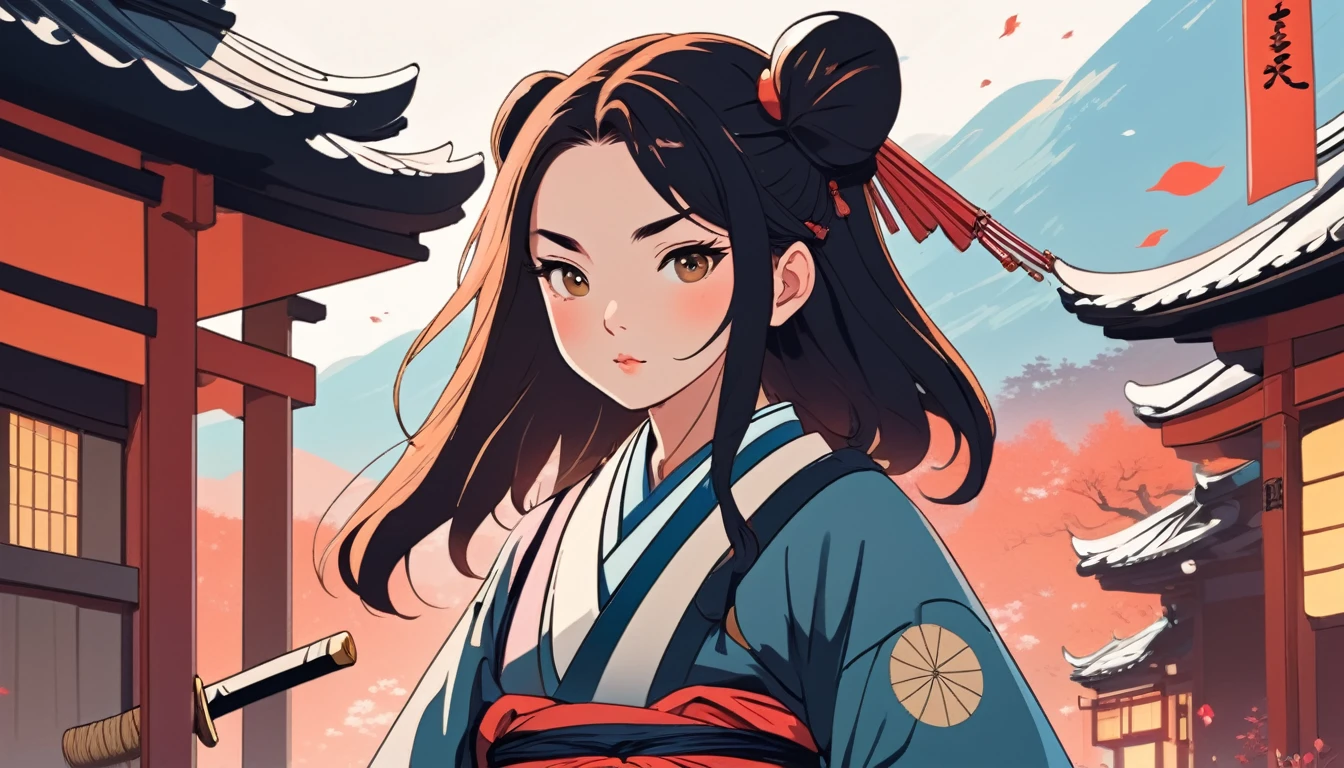 Female samurai, Wide-angle lens, Lofi Anime, Lofi illustration, Aesthetic atmosphere, Lo-Fi Style, Vector art, Flat Design, Simple shape, Warm tones, Pleasant atmosphere, Chill, In anime style, Digital drawing, Vector art, Vector logo for t-shirt printing, (Adorable:1.5), (small:1.4), (Playful:1.2), (soft:1.3), (Whimsical:1.1), masterpiece, Highest quality, 8k, Intricate details, grow, Celestial, Mysterious, Picturesque, amazing, Majestic, Magic, Fantasy art, Cover art, dream-like