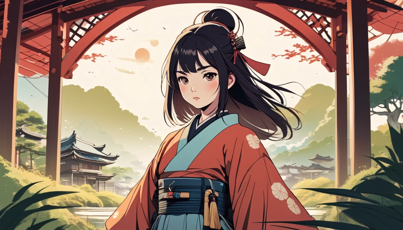 Female samurai, Wide-angle lens, Lofi Anime, Lofi illustration, Aesthetic atmosphere, Lo-Fi Style, Vector art, Flat Design, Simple shape, Warm tones, Pleasant atmosphere, Chill, In anime style, Digital drawing, Vector art, Vector logo for t-shirt printing, (Adorable:1.5), (small:1.4), (Playful:1.2), (soft:1.3), (Whimsical:1.1), masterpiece, Highest quality, 8k, Intricate details, grow, Celestial, Mysterious, Picturesque, amazing, Majestic, Magic, Fantasy art, Cover art, dream-like
