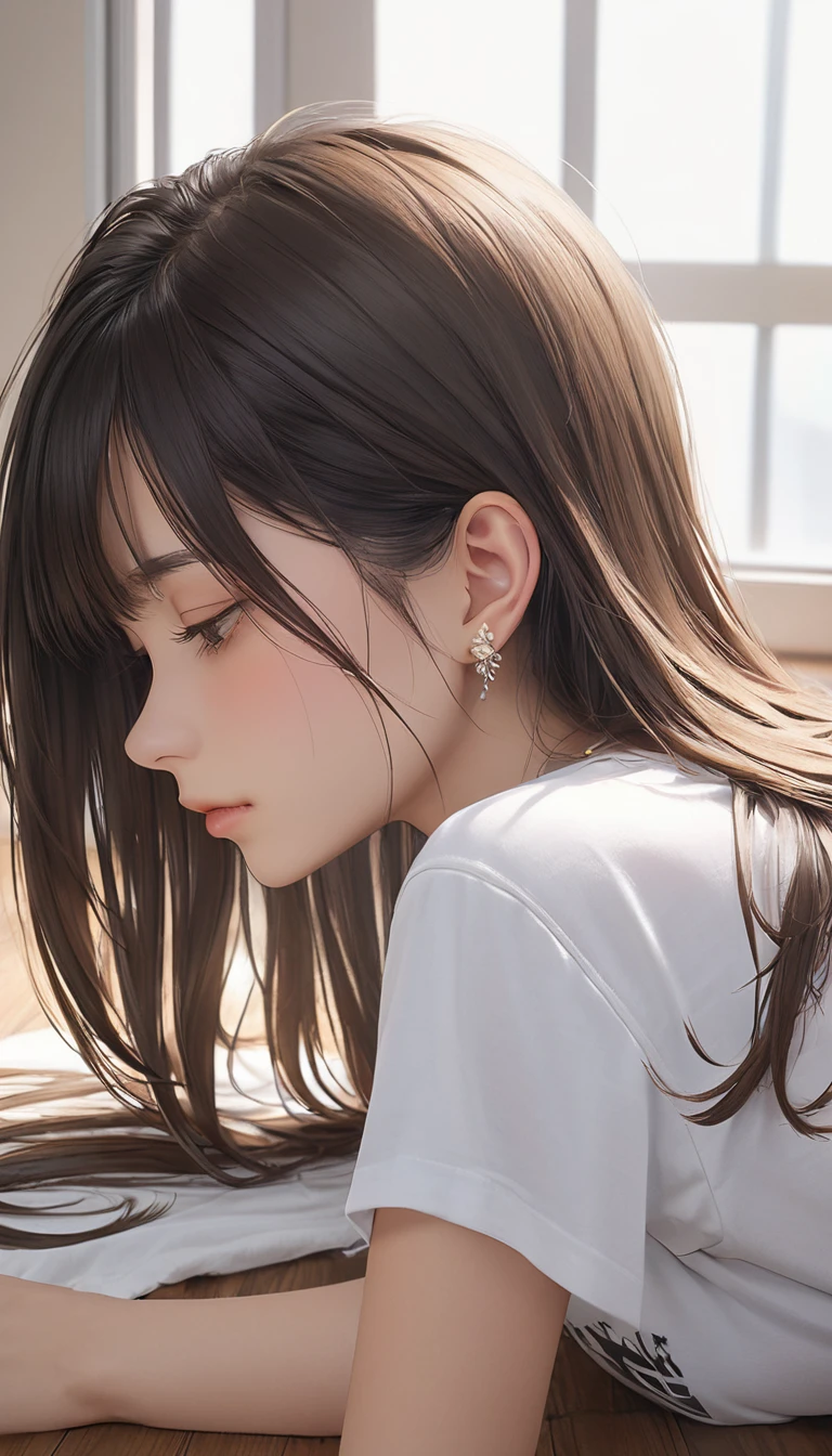 (masterpiece, Highest quality:1.2), One Girl, alone,Bony body、、Earringaster piece , best quality , detailed , woman , t-shirt , (lie face down) , indoor