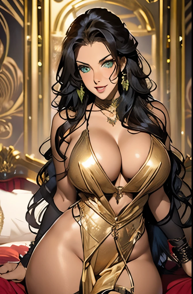 full body, extreme wavy hair, luxurious hair, lustful eyes, open mouth smile, aroused 25 years old, playfully aroused, dripping with desire, busty cleavage, heavy bust, large breasts, pajamas, slim waist, posing by the bed, coy smile with open parted lips, (blushing:1.3), looking lovingly at the viewer, seductive green eyes, an inviting pose, bedroom background, champagne, in love (pov), loving gesture, loving gaze, loving eyes, glowing eyes, highly detailed eyes, chocker, earrings, nsfw,