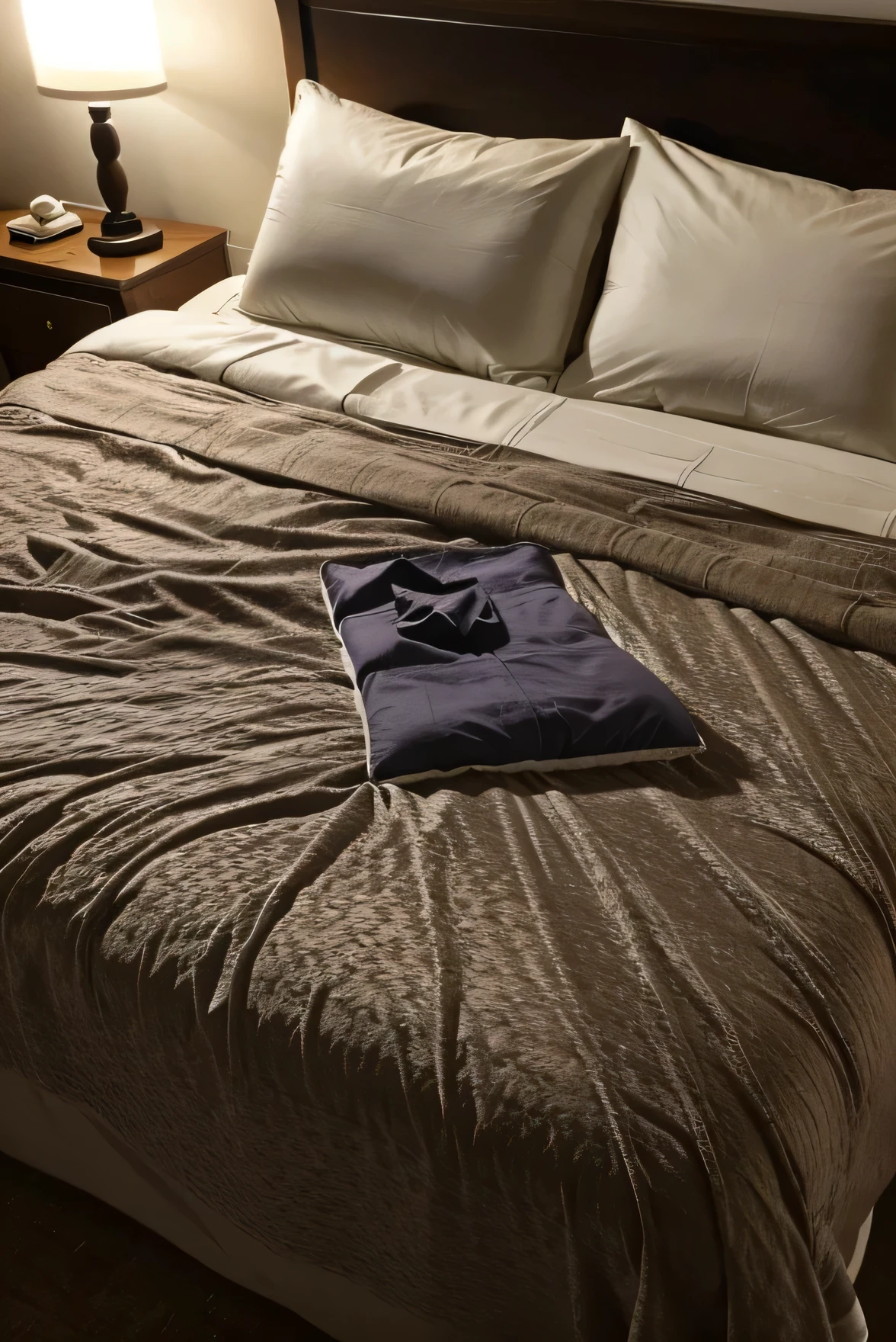 image of an unmade bed, with two pillows and sheets, the shadow of a female figure is projected on the bed, dramatic lighting