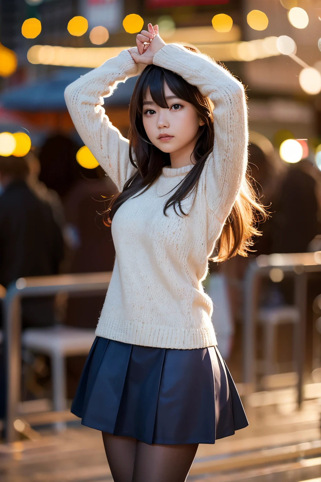 One girl, (View your viewers), (Bokeh:1.1), Lips parted,Expressionless, Realistic, Raise your arms, tights,
skirt, Skyline,
Realistic,