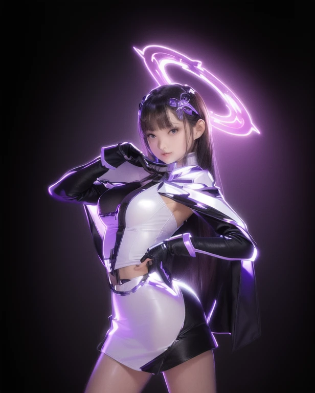 ((ultra realisitic)), ((picture-perfect)), ((face perfect)), ((ultra detaild)), ((fully body)), ((perfectbody))a woman with pink eyes and hair with a halo on her head, in a white purple and black uniform, fighter posing