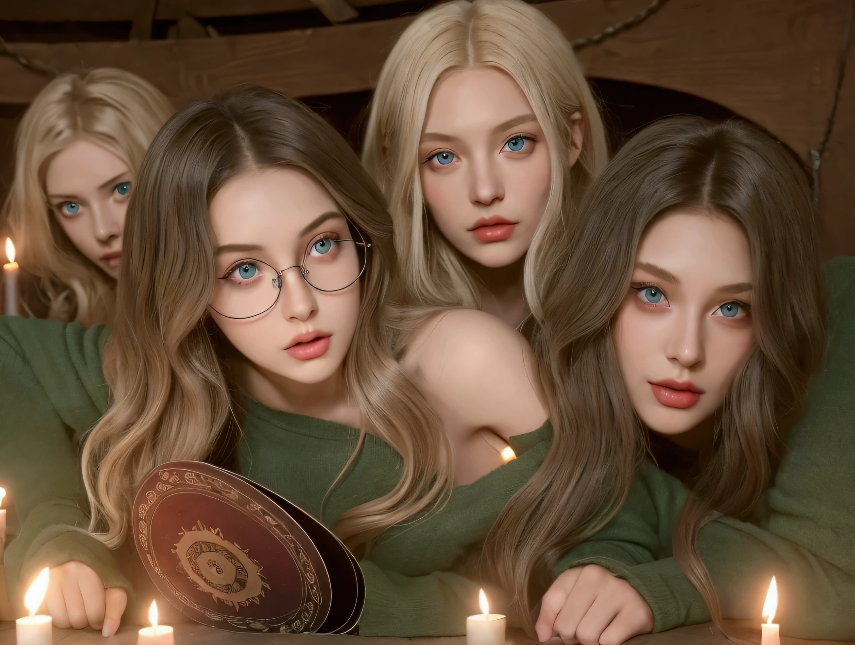 Five young girls in a dimly lit basement, glowing pentagram on the floor, scattered candles, old spell book. Natalia, the Succubus, dark flowing hair, crimson eyes, bat-like wings, alluring and menacing. Jasmine, olive skin, long wavy black hair, brown eyes, confident, medium chest. Beatrice, long brown hair, glasses, massive breasts, anxious, bookworm. Claire, short black hair, blue eyes, athletic, toned body, , tomboy. Madison, straight blonde hair, green eyes, tall model figure, fashionable, smug. Ellie, straight blonde hair, green eyes, tall model figure, excited, eccentric. United yet distinct, tension and revelation.