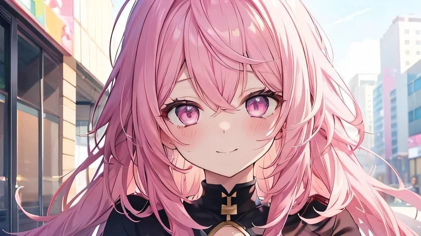 girl, cute anime girl, smiling, pink hair, long hair, messy hair, pink eyes, blushing, girl, big tits, beautiful hair style, (((Best Quality: 1.4)))
