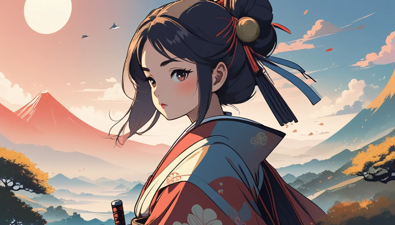 Female samurai, Wide-angle lens, Lofi Anime, Lofi illustration, Aesthetic atmosphere, Lo-Fi Style, Vector art, Flat Design, Simple shape, Warm tones, Pleasant atmosphere, Chill, In anime style, Digital drawing, Vector art, Vector logo for t-shirt printing, (Adorable:1.5), (small:1.4), (Playful:1.2), (soft:1.3), (Whimsical:1.1), masterpiece, Highest quality, 8k, Intricate details, grow, Celestial, Mysterious, Picturesque, amazing, Majestic, Magic, Fantasy art, Cover art, dream-like