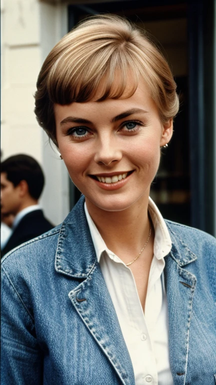 Jean Seberg with exemplary clothing and smiling