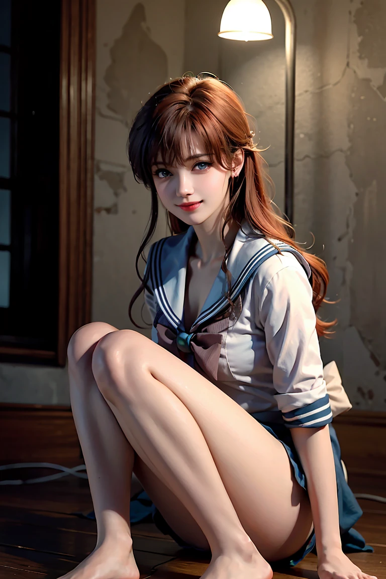 masterpiece, Highest quality, High resolution, Super detailed, smile, Woman with long red hair and bangs, Bright Blue Eyes, Beautiful girl looking at the camera, Sailor Warrior Uniforms,Front view, barefoot, night, Warm indoors, Image illuminated by a small lamp, Depth of written boundary, (Half Body: 0.6),