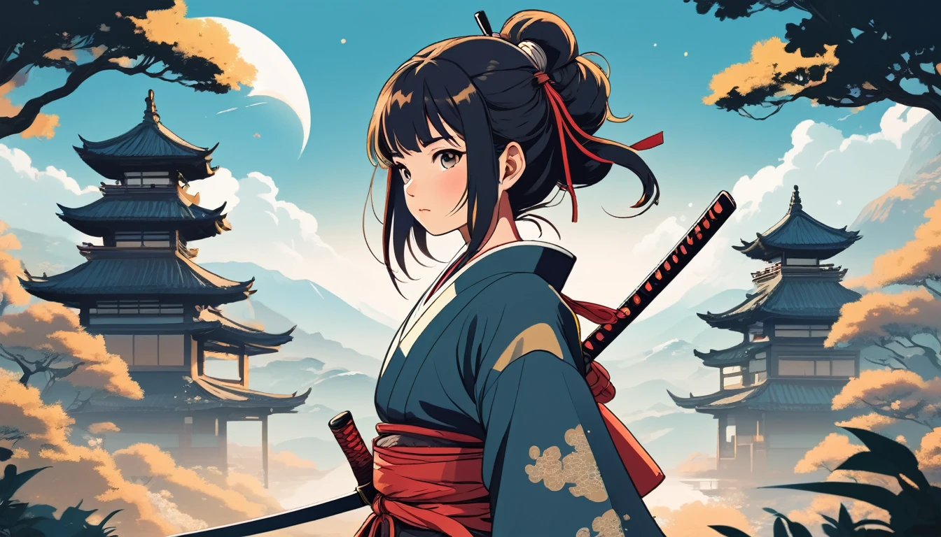 Female samurai, Wide-angle lens, Lofi Anime, Lofi illustration, Aesthetic atmosphere, Lo-Fi Style, Vector art, Flat Design, Simple shape, Warm tones, Pleasant atmosphere, Chill, In anime style, Digital drawing, Vector art, Vector logo for t-shirt printing, (Adorable:1.5), (small:1.4), (Playful:1.2), (soft:1.3), (Whimsical:1.1), masterpiece, Highest quality, 8k, Intricate details, grow, Celestial, Mysterious, Picturesque, amazing, Majestic, Magic, Fantasy art, Cover art, dream-like